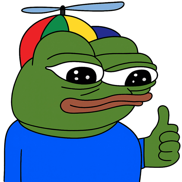 Cartoon frog wearing a rainbow propeller cap and giving a thumbs up.