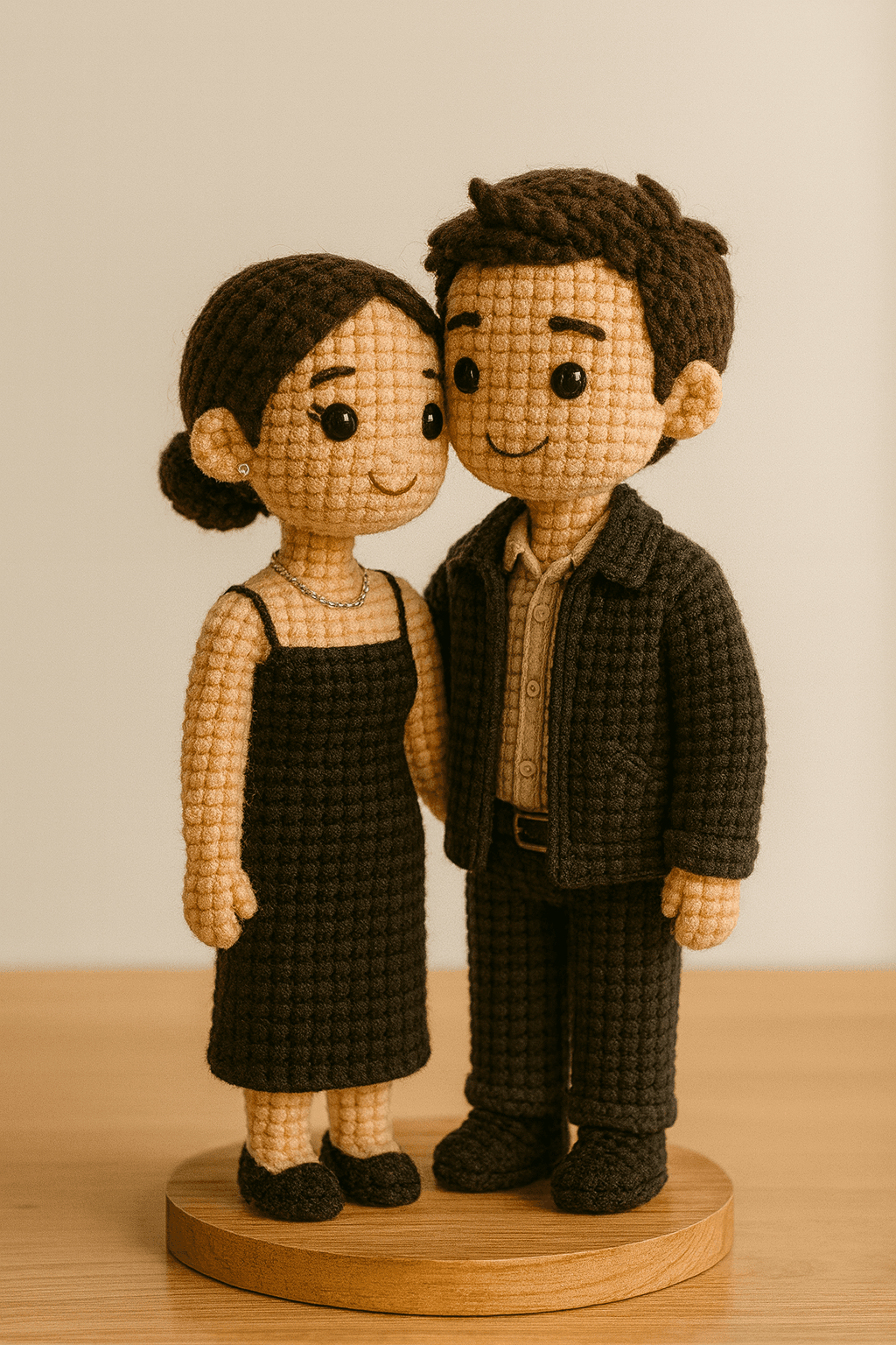 Amigurumi couple figurines standing together on a wooden base.