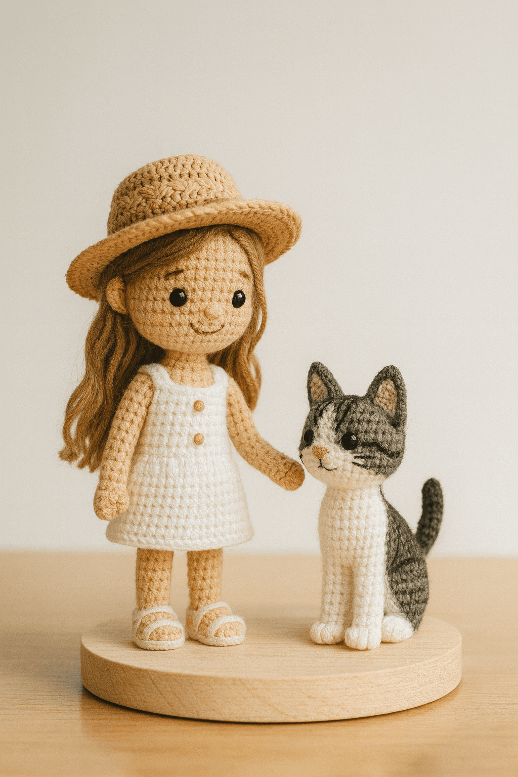 Crocheted child and kitten duo standing on a wooden base.