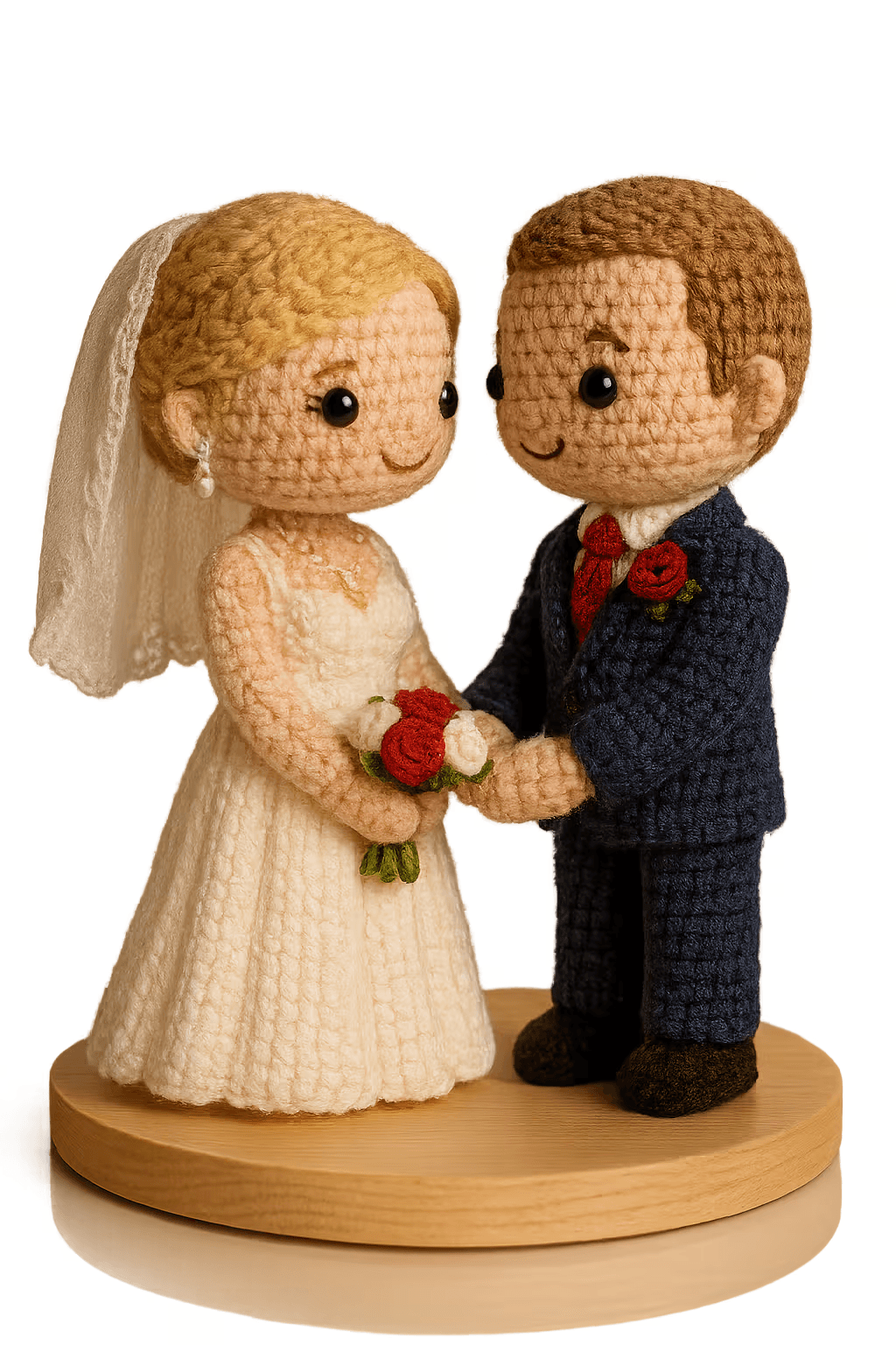 Crocheted bride and groom figurines holding a bouquet on a wooden base.